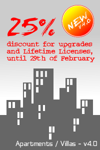Online Booking Manager - Apartments / Villas v4.0 - New Release - 25% Discount for upgrades and Lifetime Licenses and Optional Modules.Offer is available with the Promotion Coupon Code APT25201202 until 29th of February, 2012